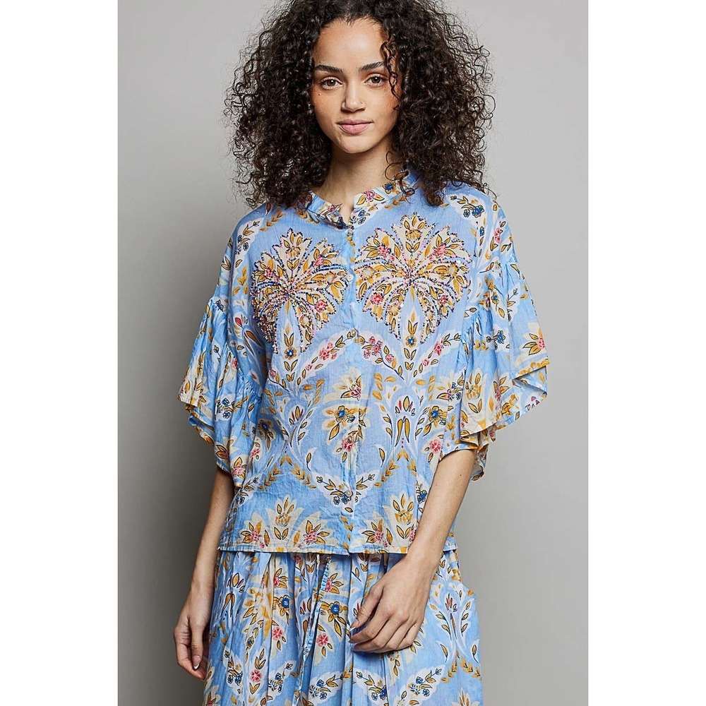POL‎ Floral Printed Woven Ruffle Sleeve Shirt - Small